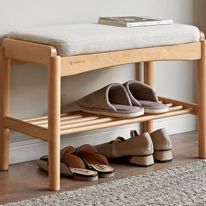 Oak Wood Shoe Bench, 24 Inch Entryway Bench with Light Gray Cushion - color: Natural + Light Gray Cushion, size: 23.62"