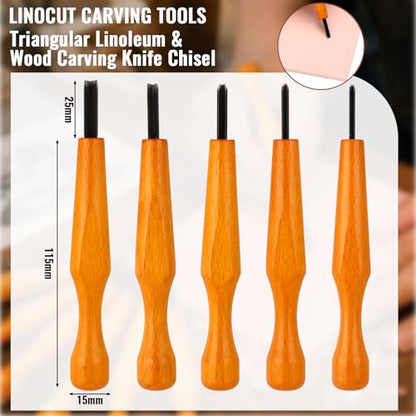 Oh Klyzo 5 Pcs Linocut Carving Tools Plus 6 Pcs 4"x6" Soft Rubber Linoleum Blocks for Printmaking Stamp Carving Wood Linocut Tools V-Shaped Chisels for Beginner Artist Block Printing Craft
