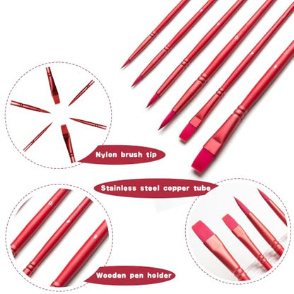 Acrylic Paint Brush Set, 6 pcs Watercolor Brushes, Painting Brush Nylon Hair Brushes for All Purpose Oil Watercolor Painting Beginner Kits (6, Red) - color: Red