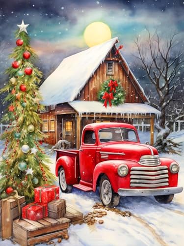 Christmas Diamond Art Kits for Adults Red Truck Diamond Painting 12x16 Inch | Christmas Truck Diamond Art Painting Kits for Beginners, 5D Full Round Drill Gem Art Kit, Diamond Dot Kit Home Decor Gifts - color: Christmas Car, size: 11.8x15.7in(30x40cm)
