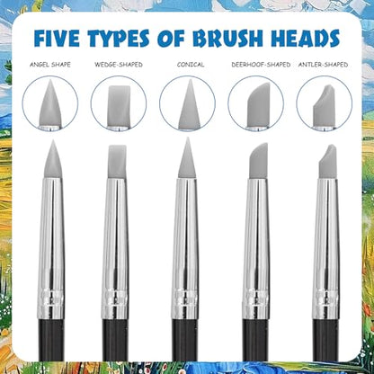 15 Pack Silicone Paint Brushes for Crafts, Silicone Sculpting Tools 5 Shapes Head, Rubber Paint Pens for Sculpting Pottery Handicraft Nail Art Artwork Gouache Acrylic Paints