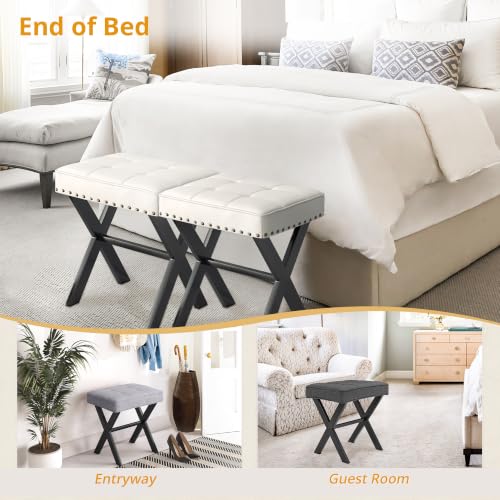 LUE BONA White Vanity Stool - Square Faux Leather Makeup Seat With Metal X Legs, Small Ottoman Chair for Makeup Room, Living Room, Bathroom - Padded Foot Rest - color: White Color