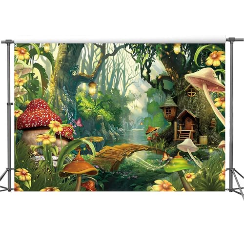 Yeele 8x6ft Enchanted Forest Photo Backdrop Spring Mushroom Wonderland Fairy House Photography Background Girl Room Wall Decorations Birthday Baby Shower Banner Photo Props - size: 8x6ft