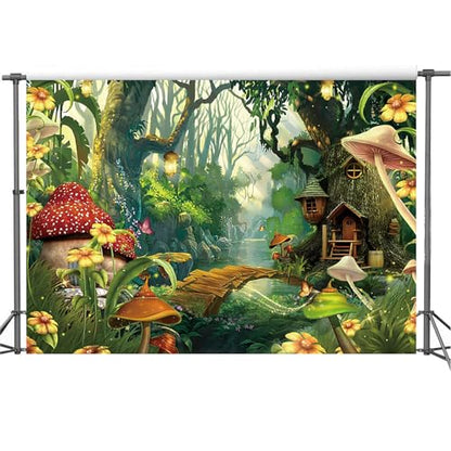 Yeele 15x10ft Enchanted Forest Photo Backdrop Spring Mushroom Wonderland Fairy House Photography Background Girl Room Wall Decorations Birthday Baby Shower Banner Photo Props - size: 15x10ft