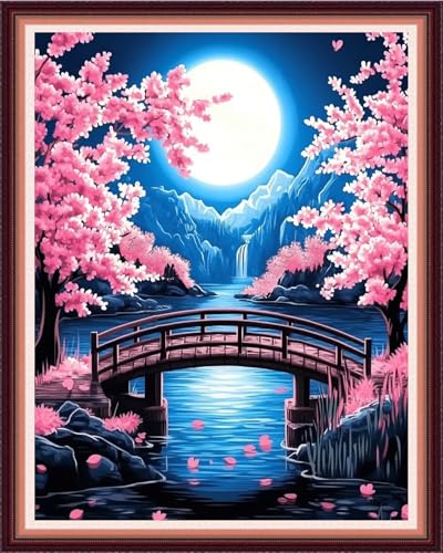 Fanxvivy Stamped Cross Stitch Kits for Beginners Full Range of Cross Stitching Preprinted Embroidery Kits for Adults, 11CT Embroidery Pattern Needlepoint Kits-Peach Blossom Moon 16x20 inch - color: Artdesign07