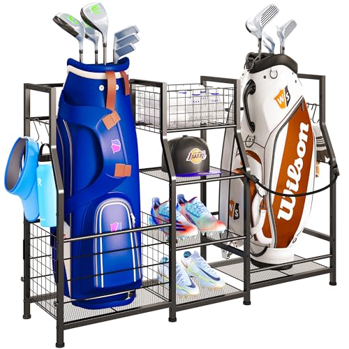 Golf Bag Storage Rack & Sports Equipment Organizer, Garage Organization | Golf Gift for Men, Golf Bag Stand for Golf Bag Accessories, Golf Organizer for Garage Golf Clubs with Basket and Hooks - size: 11.81"D x 43.3"W x 31.89"H