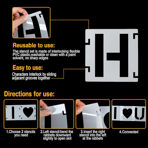8 Inch Letter Stencils,43Pcs Reusable Letter Stencils for Painting | Alphabet Symbol Numbers Stencils Interlocking Kit for Painting on Wood, Wall, Fabric, Rocks, Chalkboard, Sign & DIY Art - size: 8 inch