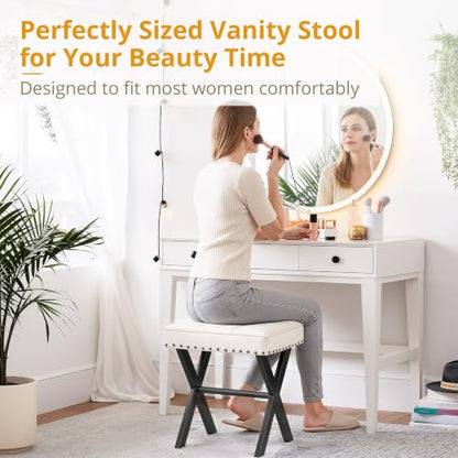 LUE BONA White Vanity Stool - Square Faux Leather Makeup Seat With Metal X Legs, Small Ottoman Chair for Makeup Room, Living Room, Bathroom - Padded Foot Rest - color: White Color