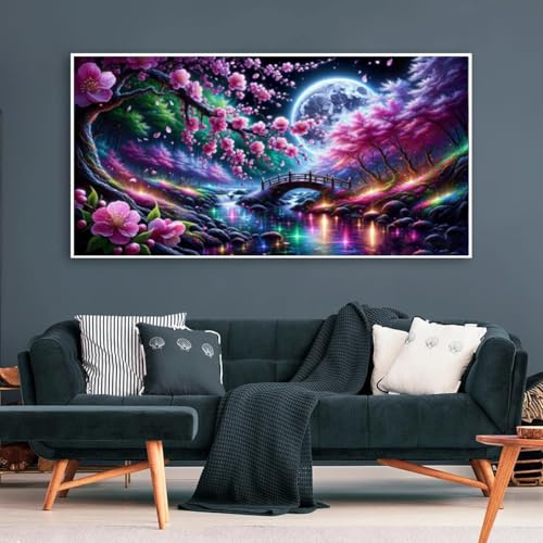 COHAYISY Flowers 5D Large Diamond Painting,Cherry Scenery with Moon Large Diamond Art Kits for Adults, DIY Round Full Drill Crystal Rhinestone Arts and Crafts Home Wall Decor 27.5 X 15.7inch - color: 25-49 Cherry with Moon