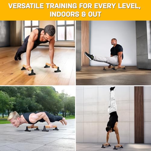 Double Circle Parallettes Push Up Bar with Ergonomic Wooden Handles - Calisthenics Equipment - Non-slip Parallel Bars for Strength Training and Calisthenics - Pushup Handles Parallettes Bars - size: 17 IN