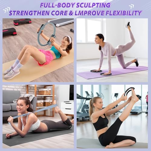 Halloscume 24 Pcs Pilates Kit, Home Pilate Equipment for Women, Pilates Ring and Ball Set with Stretching Strap, Water Bottle, Magic Circle, Yoga Ring, Gym Bag, Resistance Band, Anti Slip Sock - color: Gray