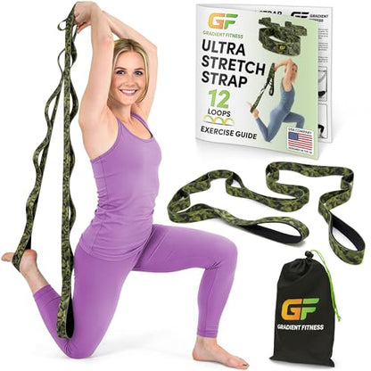 Gradient Fitness Stretching Strap for Physical Therapy, 12 Multi-Loop Stretch Strap 1.5" W x 8' L, Neoprene Handles, Physical Therapy Equipment, Yoga Straps for Stretching, Leg Stretcher. - color: Camo