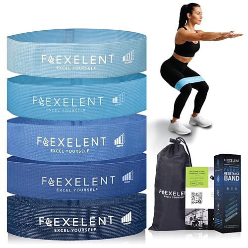 Flexelent Short Fabric Resistance Bands for Working Out, 5 Strength Levels | Soft, Thick, Skin-Friendly Fabric | Color-Coded Strength Levels | With Drawstring Storage Bag - color: Short Blue Set