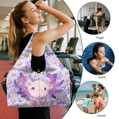 Gym Bag with Yoga Mat Holder Large Tote Bag With Multi Pockets for Women Men Dry Wet Separated Pocket Carryall Yoga Tote Bag for Pilates Travel Workout Office - color: Pink Axolotl