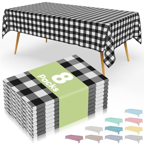 Smiry 8 Packs Gingham Disposable Table Cloth, 54 x 108 Inch Waterproof Plastic Tablecloth, Rectangle Black and White Checkered Table Covers for Picnic, Birthday, Party - color: Black and White, size: 54"x108" (Pack of 8)