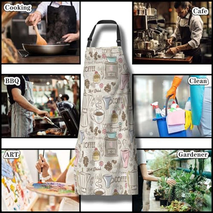 Retro Apron for Women Coffee Set Patterns Mans Aprons for Grilling for Kitchen Cooking Restaurant BBQ Painting Crafting Gardening 27” (W) x 31” (H), Waterproof Aprons - color: Coffee Set Patterns