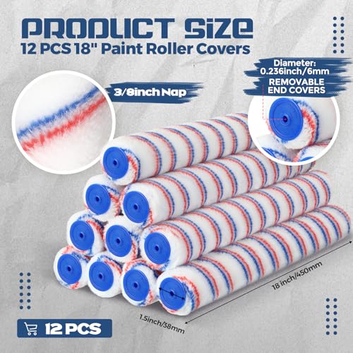 Leumoi 12 Pcs 18 Inch 3/8" Nap Paint Roller Covers Bulk Microfiber Refill Roller Cover with End Caps Painter Lint Free Paint Kit Home Repair Tools for Most Types of Surfaces - size: 18 Inch 3/8" Nap