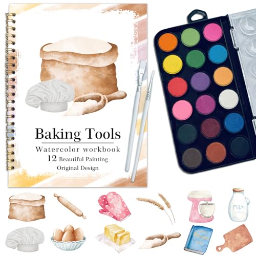 Watercolor Workbook, Water Coloring Book, 12 Different Patterns of Original DIY Designs, 18 Colors Watercolor Paint Set, Beginner-Friendly Watercolor Workbooks (Baking Tool), Perfect Gifts for Adults - color: baking