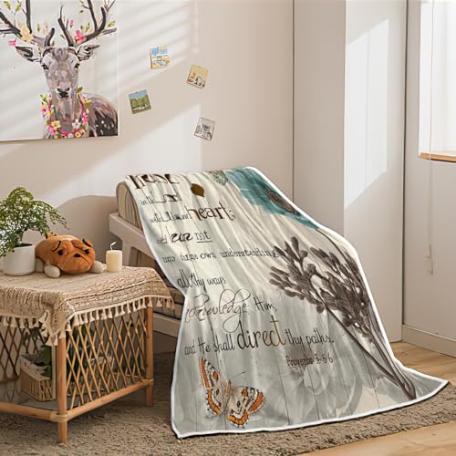 Rustic Elegant Teal Tulip Throw Blankets, Bible Verse Inspirational Motivational Quote Cozy Warm Bed Couch Blanket Vintage Farmhouse Floral White Fleece Flannel Throws to Decorate Room and Bedroom - color: Rustic, size: 50X60