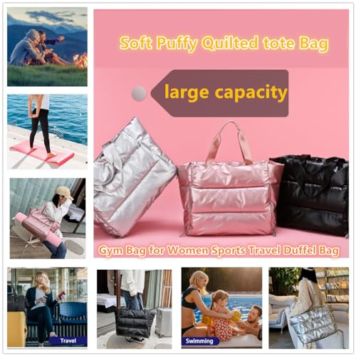 Large Puffer Tote Bag for Women, Quilted Gym Bag with Yoga Mat Holder, Travel Duffle, Waterproof Carry on Weekender Bag (pink) - color: pink