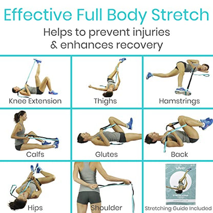 Vive Stretch Strap (75" - 10 Loops) - Leg Stretch Band to Improve Flexibility - Stretching Out Yoga Strap - Exercise and Physical Therapy Belt for Rehab, Pilates and Gymnastics with Guide Book - color: Teal