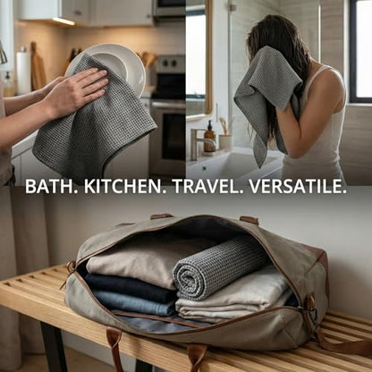 100% Linen Hand Towels 2-Pack - 14x28-inch Thin Waffle Weave, Black-Natural - color: Black Natural, size: Hand Towels