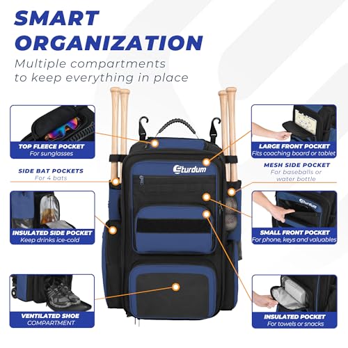 Rolling Baseball Bag with Wheels, 70L Baseball Backpack - color: Blue