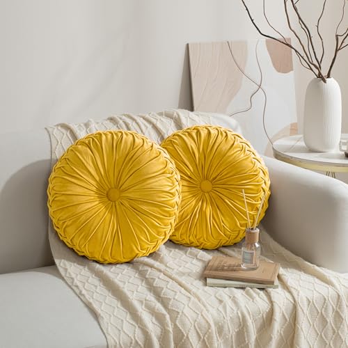 HIG Set of 2 Yellow Velvet Decorative Round Pleated Throw Pillows - color: Yellow