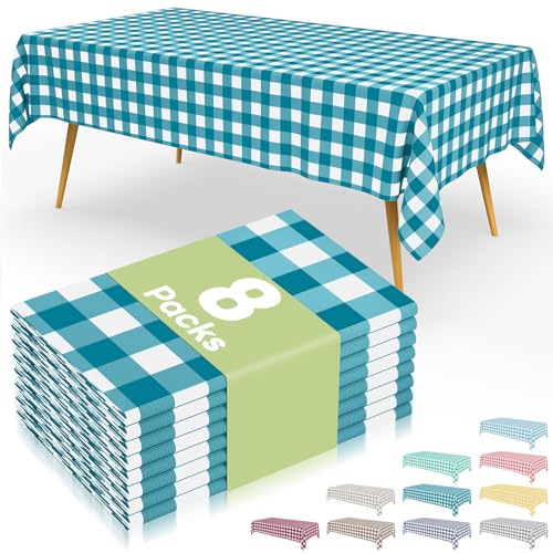 Smiry 8 Packs Gingham Disposable Table Cloth, 54 x 108 Inch Waterproof Plastic Tablecloth, Rectangle Turquoise and White Checkered Table Covers for Picnic, Birthday, Party - color: Turquoise and White, size: 54"x108" (Pack of 8)