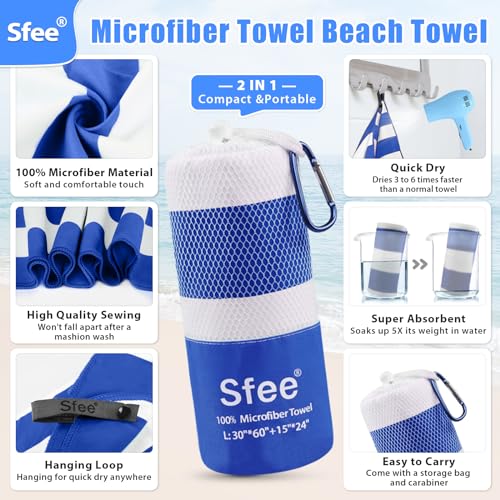 Sfee 2 in 1 Microfiber Beach Towel, Quick Dry Towel Travel Camping Towel Super Absorbent Compact Lightweight Sports Gym Towels Set for Beach, Gym, Hiking, Pool, Backpacking, Bath, Yoga - color: Dark Blue Stripe, size: L 60"x30"+24"x15"