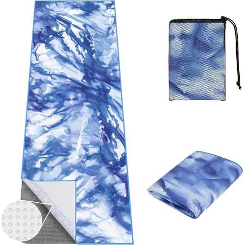 Yoga Towel Hot Yoga Towel with Corner Pockets, 74 x 26 inch, Blue | Non-Slip Sweat-Absorbent Soft Microfiber Yoga Blanket Towel Mat for Pilates, Fitness and Workout - color: Blue, size: 74×26 in