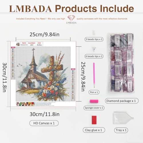 LMBADA Floral Cross Diamond Art Kit for Adults, Diamond Painting 12x12 Inch | 5D Church Diamond Painting Kit, DIY Crystal Gem Art, Round Full Drill, Relaxing Craft Home Wall Decor Gift, Beginner