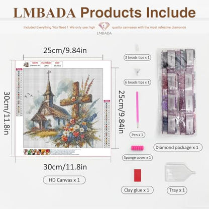 LMBADA Floral Cross Diamond Art Kit for Adults, Diamond Painting 12x12 Inch | 5D Church Diamond Painting Kit, DIY Crystal Gem Art, Round Full Drill, Relaxing Craft Home Wall Decor Gift, Beginner
