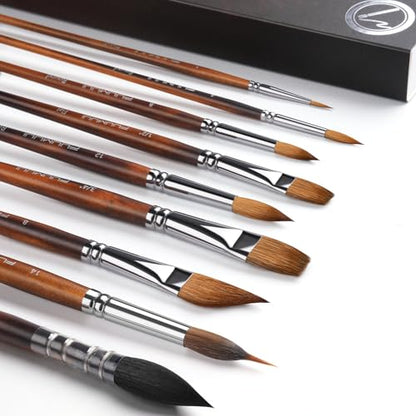 Watercolor Brushes Professional, Fuumuui 9pcs Sable Paint Brushes & Natural Squirrel Mop Brush Set with Extended Needle, Round Point, Flat, Dagger, Quill Wash for Watercolor Gouache Inks - color: Bronze
