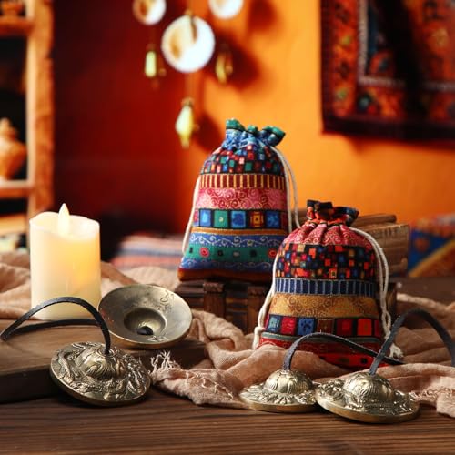 Foilswirl 2 Pcs Tibetan Tingsha Cymbals with 2 Pcs Tibetan Drawstring Cloth Bags Meditation Chime Bells 2.56 Inch Handcrafted Meditation Accessory (2 Dragons with Bell Embossed,Red,Green) - color: Red,Green, style: 2 Dragons with Bell Embossed