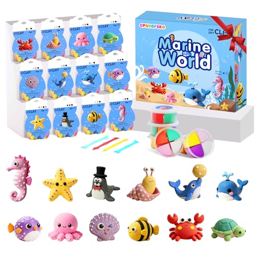 Air Dry Clay Kit - 12 Marine Animal Modeling Clay for Kids, Complete DIY Clay Craft Set with Sculpting Tools & Step-by-Step Tutorials, Ultra Soft & Non-Sticky Clay, Children's Day Gift Ideas - color: Clay Marine Kit