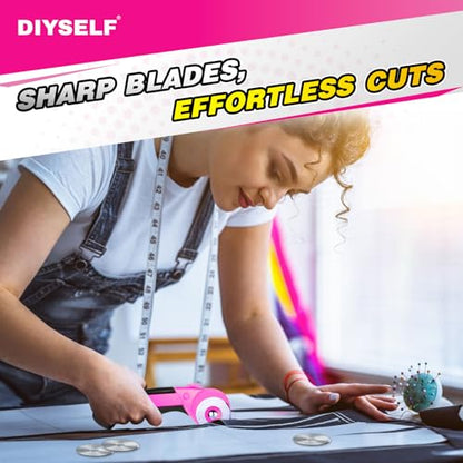 DIYSELF 45mm Fabric Cutter, Rotary Cutter for Fabric with 5 Extra Blades | Ergonomic Handle, Rolling Cutter for Fabric and Leather, Wheel Cutter Sewing Tool for Quilting, Crafts and Ambidextrous Use - color: Pink
