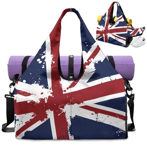 Union Flag Print Womens Gym Bag Yoga Mat Bags with Double Zipper Sports Bags with Shoe Compartments, Navy Blue Shoulder Bag for Fitness Weekender - color: Union Flag