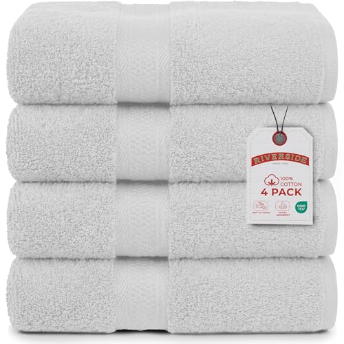 RIVERSIDE 4 Pack Luxury Large White Bath Towels, 27x54 Inches, 600 GSM | 100% Cotton, Larger & Lightweight Towels for Shower & Bathroom, Highly Absorbent & Quick-Dry, Perfect for Daily Use - color: White, size: Bath Towels - 4 Pack