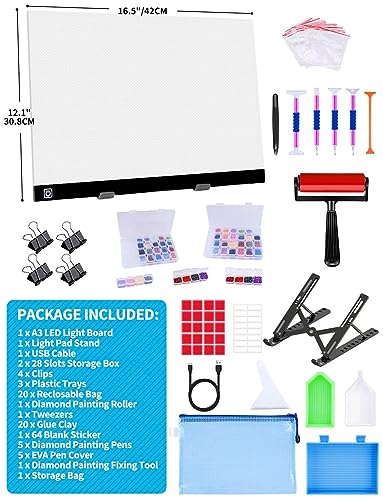 Ratukall A3 LED Light Pad for Diamond Painting, USB Powered Light Board Kit | Adjustable Brightness Light Box for Tracing with Diamond Art Accessories & Tools, Includes Storage Case, Drill Pens & Stand - style: 02-A3 Light Pad Kit