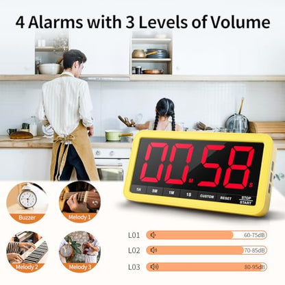 VOCOO Large 7.8" Digital Timer, Magnetic LED Timer for Kitchen & Classroom | USB-C Rechargeable, Up to 99 Hours Count Up & Countdown Timer with 3 Brightness Levels, 4 Alert Modes and 3 Volume Levels - color: Yellow