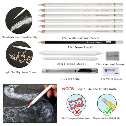 Brusarth Professional White Charcoal Pencils Set, 12 Piece | Sketch Highlight White Pencils Set for Drawing, Sketching, Shading, Blending, Artist Pencils for Artists, Beginners - color: White