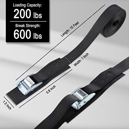 Cartman 1" x 15 ft Cam Buckle Straps, 4 Pack, 600 lb Break Strength, Black - color: Black, size: 4 PK