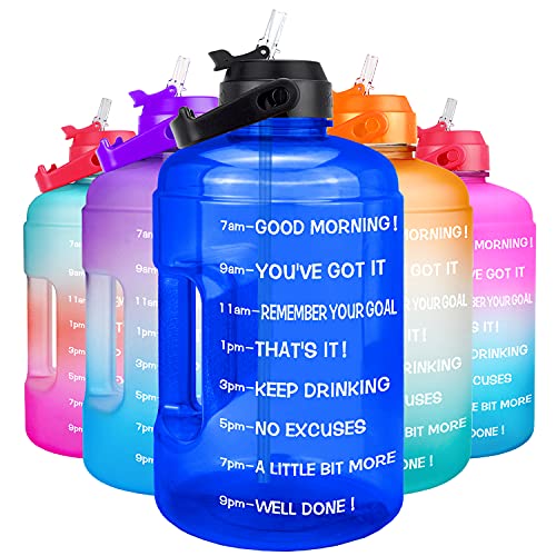QuiFit 1 Gallon Water Bottle - with Straw & Motivational Time Marker Leak-Proof BPA Free Reusable Gym Sports Outdoor Large(128OZ/73OZ) Capacity Water Jug - color: QFB18 Blue, size: 128 Ounces