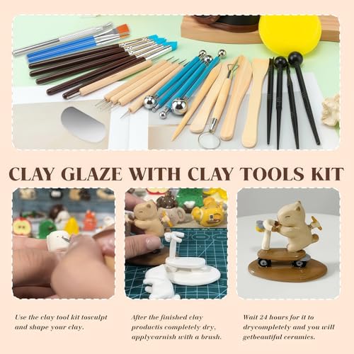 120ML Air Dry Clay Glaze with 29PCS Clay Tools Kit | Gloss Polymer Clay Kit and Clay Varnish, Pottery Tool Kit for Sculpting, Modeling, Shaping Crafts, Scratch Resistant