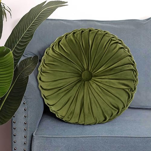 HIG Set of 2 Olive Velvet Decorative Round Pleated Throw Pillows - color: Olive