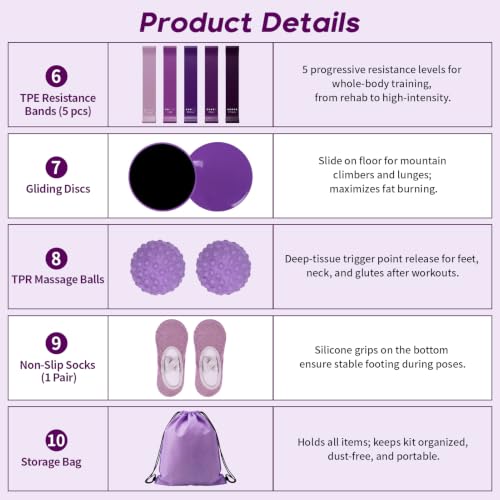 Hoikwo Purple 15 Pcs Pilates Kit for Women Resistance Bands Combo Yoga Sets | 7.3" Yoga Ball with Pump, 5 TPE Loop Bands, Long Band, Figure-8 Band, 2 Sliders, Grip Socks and Storage Bag for Home, Gym