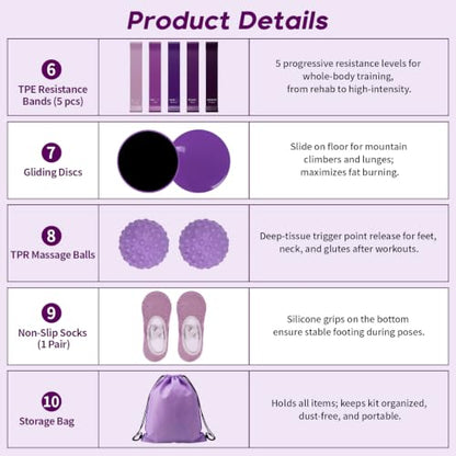 Hoikwo Purple 15 Pcs Pilates Kit for Women Resistance Bands Combo Yoga Sets | 7.3" Yoga Ball with Pump, 5 TPE Loop Bands, Long Band, Figure-8 Band, 2 Sliders, Grip Socks and Storage Bag for Home, Gym