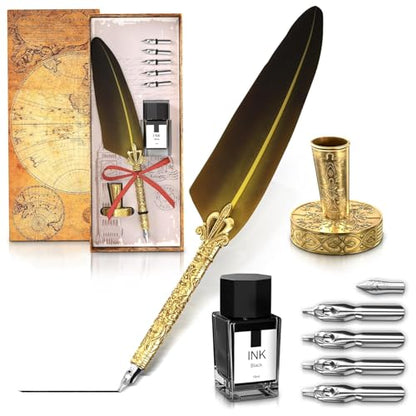 Quill Pen and Ink Set with 5 Nibs, Stainless Steel Dip Pen, Stand | Golden Writing Quill and Ink Set with Gift Box; Anti-Slip Patterned Grip for Signing & Writing | Calligraphy Gift - color: Gold