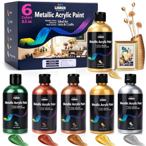 LISRUX Metallic Acrylic Paint, 8.5oz/251ml Each Metallic Paint, 6 Colors - Acrylic Paint Set, Non-Toxic & Non-Fading Metallic Paint Acrylic for Art, Crafts & Multi-Surface Projects - color: Gold, Silver, Copper, Verdigris, Bronze, Champagne Gold, size: 8.